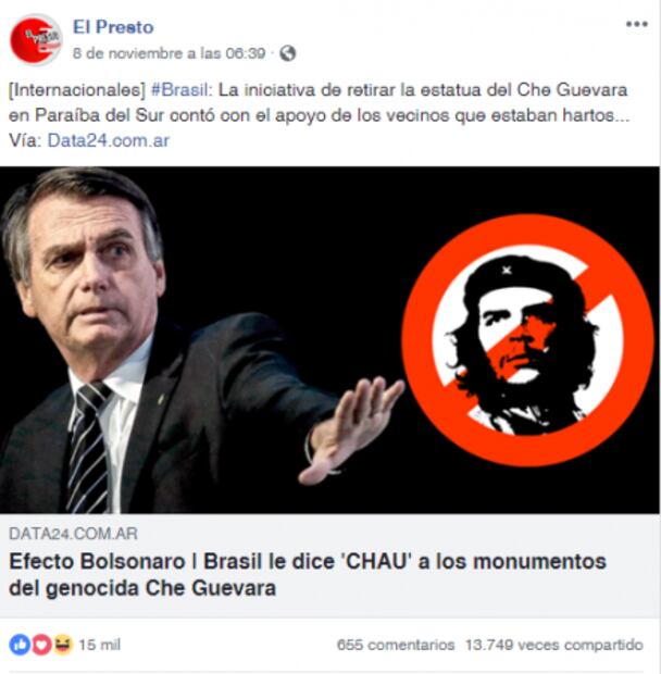 Retiro de estatua del “Che” en Brasil por Bolsonaro es "fake news"