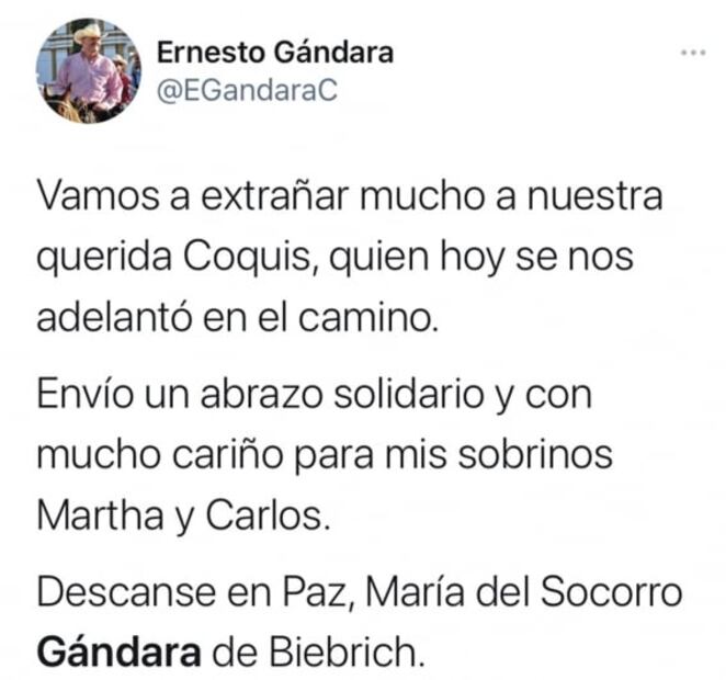 Muere por Covid-19 la esposa de Carlos Biebrich, exgobernador de Sonora