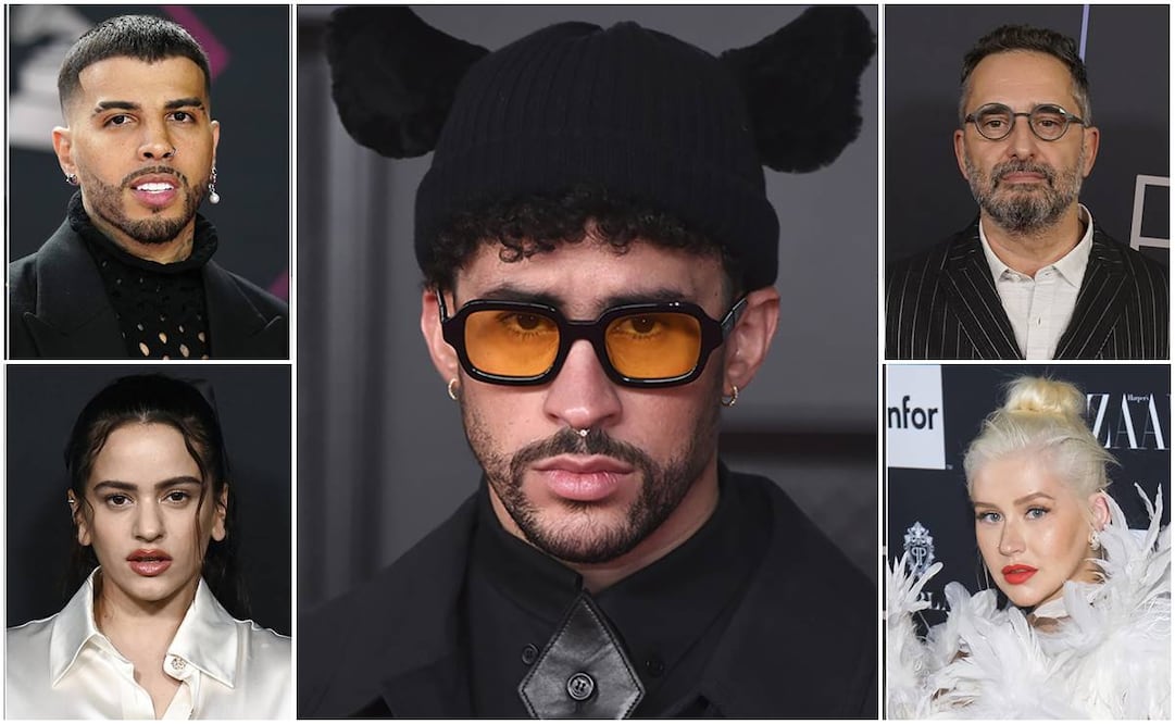 Bad Bunny, de izquierda a derecha, Rauw Alejandro, Rosalía, Jorge Drexler y Christina Aguilera. AP. 