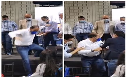 Cae de templete Marko Cortés durante acto de campaña en Nuevo León