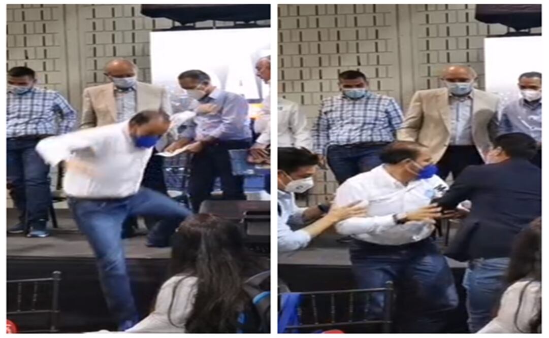 Marko Cortés se encontraba dando su discurso en un evento de campaña del candidato Mauricio Fernández Garza cuando cayó del templete en el que se encontraba. Foto: captura de video Noticias Nuevo León