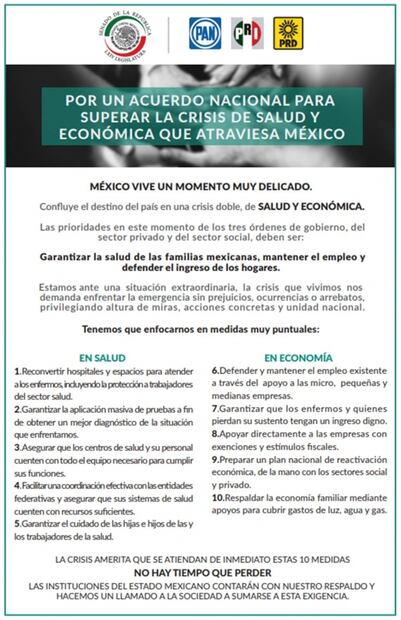 Oposición en Senado presenta acuerdo económico emergente por coronavirus