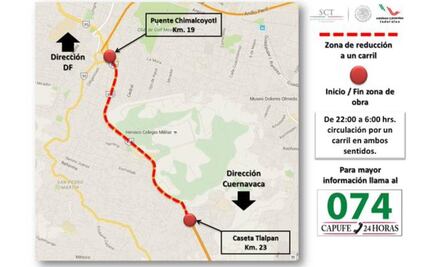 A partir de mañana, reducirán a un carril la México-Cuernavaca