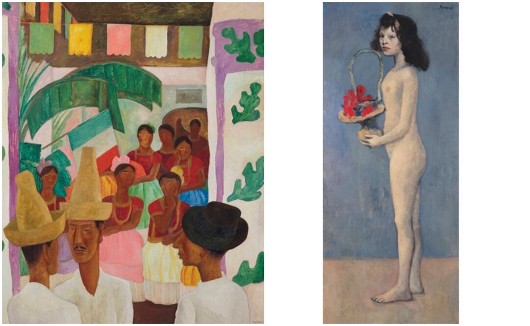 "Los rivales", de Diego Rivera (izq) y "Fillette à la corbeille fleurie", de Pablo Picasso (der). Foto: christies.com