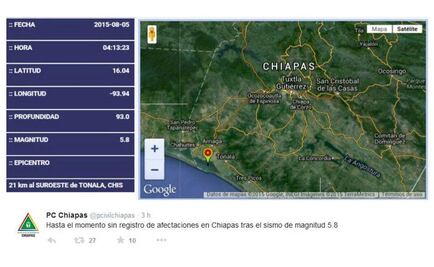 Chiapas, sin afectaciones tras sismo: Velasco