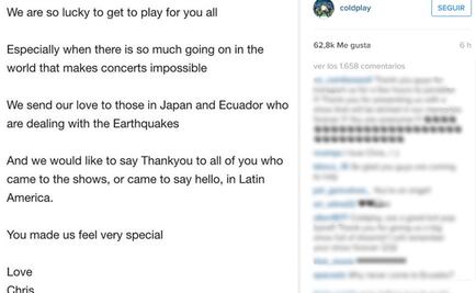 Coldplay envía mensaje a damnificados en Ecuador