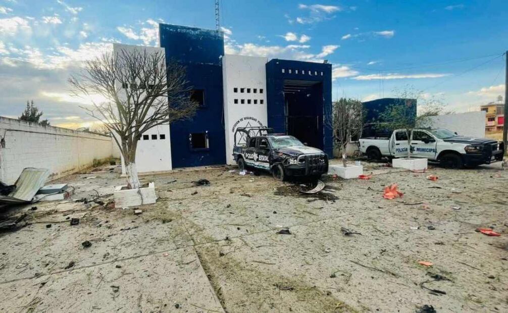 Atacan comandancia municipal de Luis Moya, Zacatecas con un vehículo con explosivos (05/03/2026). Foto: Especial