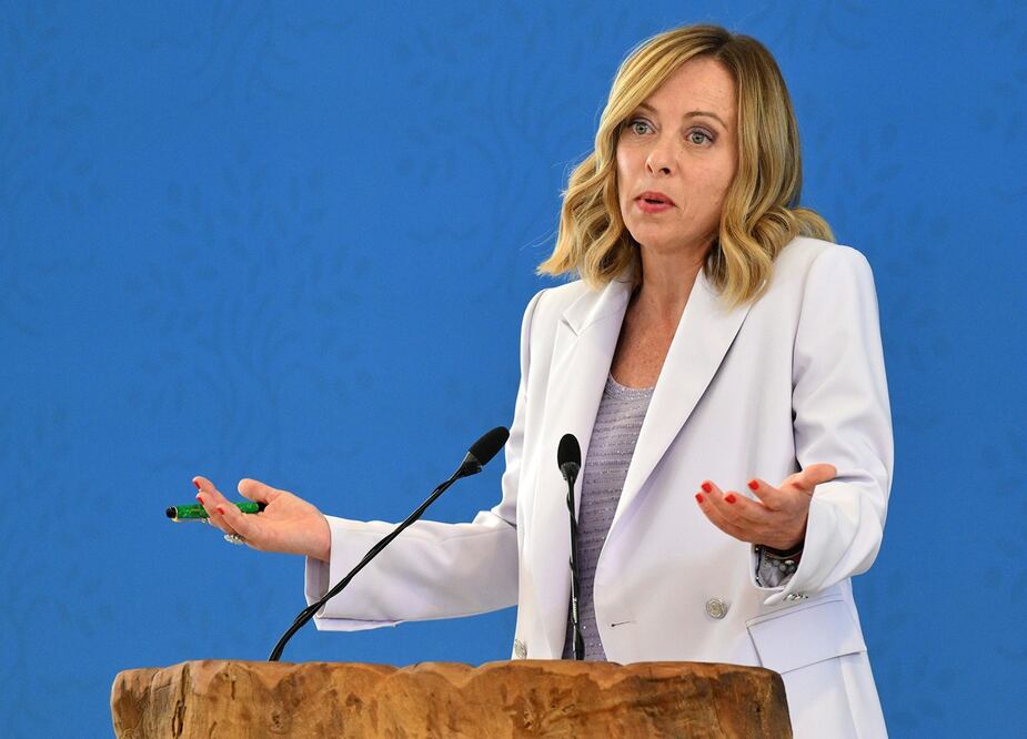 La primera ministra italiana Giorgia Meloni celebra una conferencia de prensa después de la cumbre del G7 en el complejo Borgo Egnazia en Savelletri. Foto: EFE