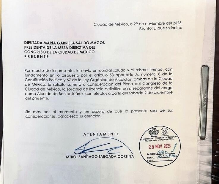 En su solicitud de licencia, Santiago Taboada indica que entrará en vigor a partir del sábado 2 de diciembre.