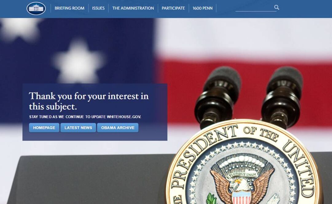 "Gracias por su interés en este tema. Manténgase al tanto mientras continuamos actualizando" es el mensaje que aparece en la página de la Casa Blanca al buscar la versión en español. FOTO: Whitehouse.gov