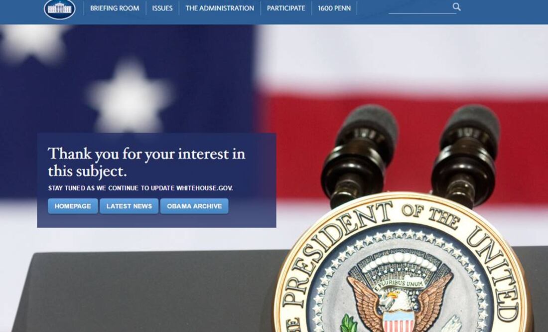 "Gracias por su interés en este tema. Manténgase al tanto mientras continuamos actualizando" es el mensaje que aparece en la página de la Casa Blanca al buscar la versión en español. FOTO: Whitehouse.gov