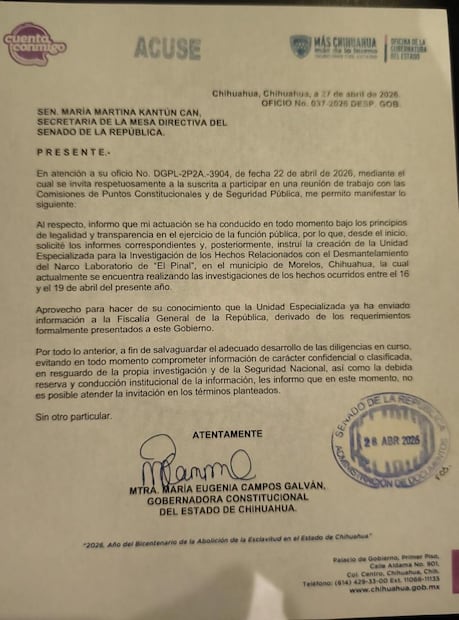 Carta de Maru Campos a la secretaria de la Mesa Directiva del Senado para desistir de la invitación al recinto legislativo. Foto: especial