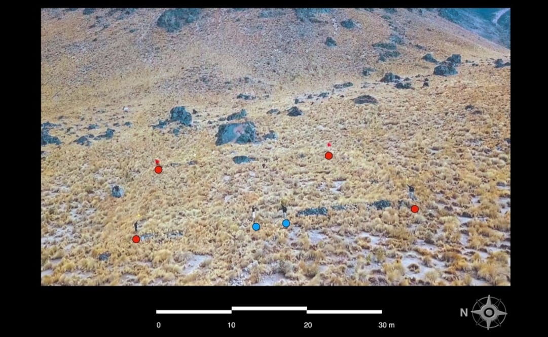 Exploradores apostados en las esquinas del adoratorio prehispánico o tetzacualco (puntos rojos) y en su acceso (puntos azules). Foto Arturo Montero vía INAH