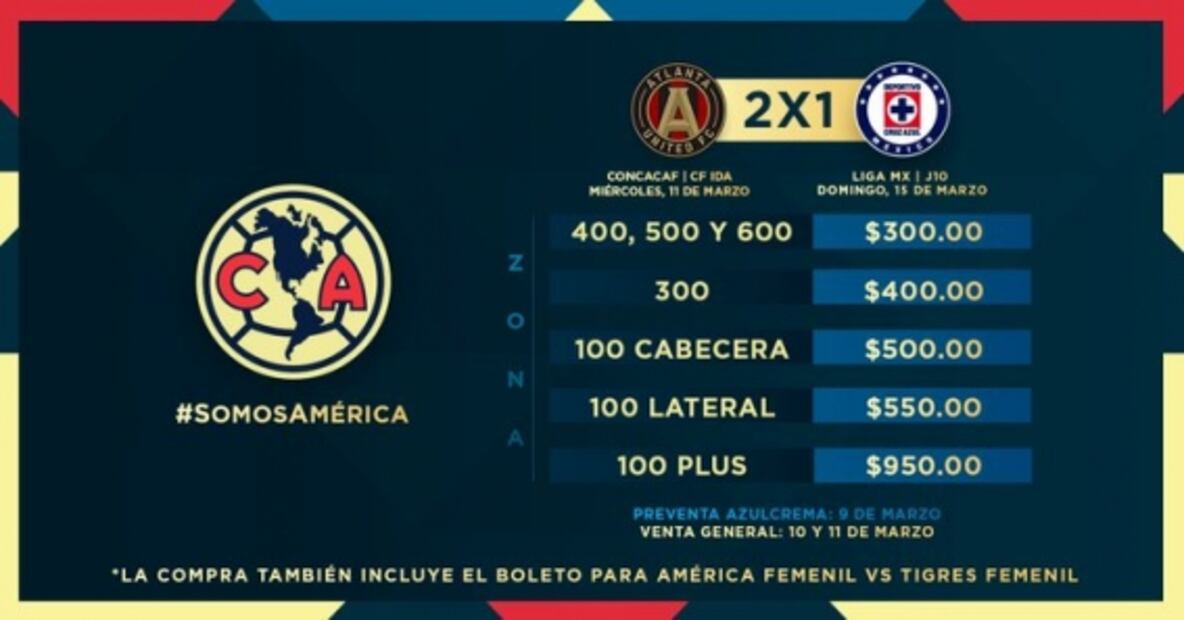 América lanza promoción 2x1 en partidos frente a Atlanta y Cruz Azul