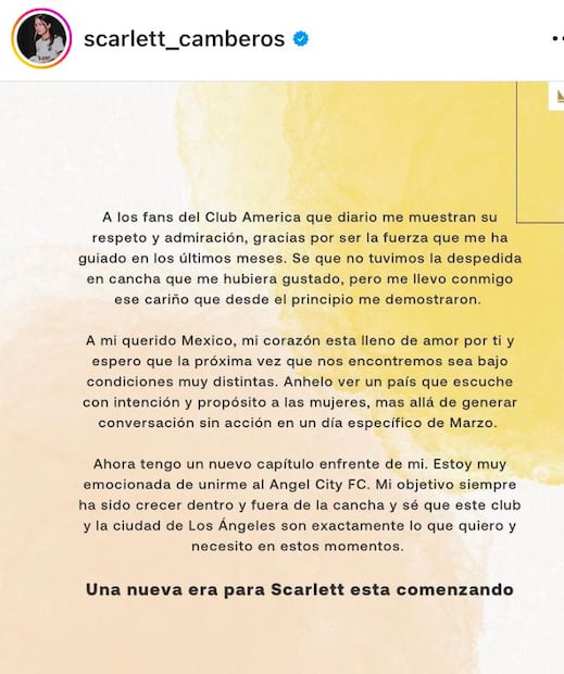 Scarlett Camberos escribió en sus redes sociales