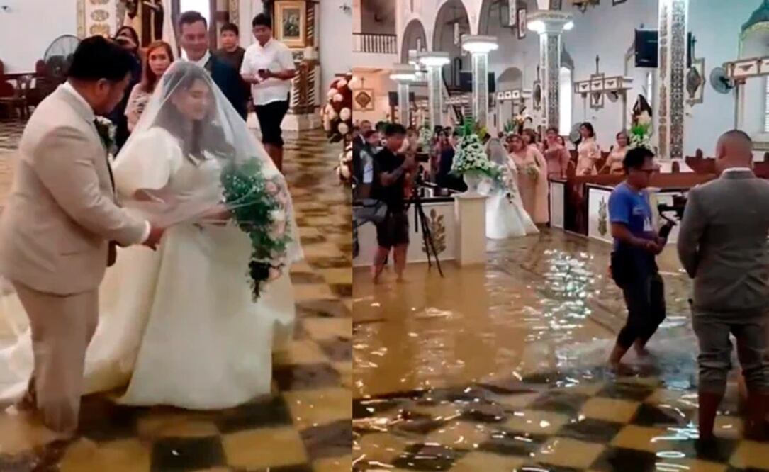 El tifón Khanun trajo inundaciones y devastación a Malolos, en Filipinas, pero no pudo detener a una pareja de enamorados que decidió celebrar su boda en una iglesia inundada. FOTO: CAPTURA