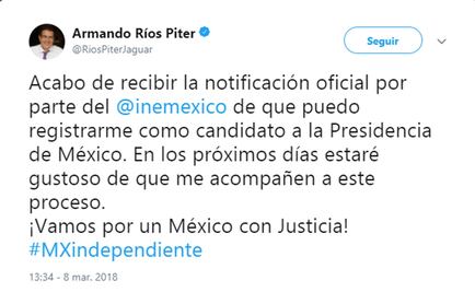 Ríos Piter afirma que también recibió aval del INE para registro