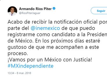Ríos Piter afirma que también recibió aval del INE para registro