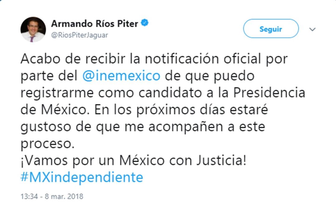 Mensaje de Armando Ríos Piter en Twitter. /Especial