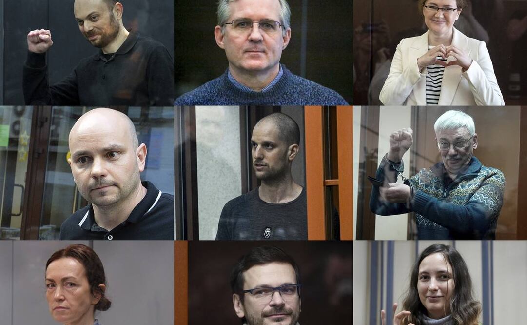 En el centro, al reportero del Wall Street Journal, Evan Gershkovich, y en el sentido de las agujas del reloj, desde arriba a la izquierda, el activista de la oposición rusa Vladimir Kara-Murza, el ejecutivo de seguridad corporativa y ex marine estadounidense Paul Whelan, Lilia Chanysheva, ex coordinadora de las oficinas regionales del Oleg Orlov, artista y músico Sasha Skochilenko, activista de la oposición rusa y exdiputado municipal del distrito de Krasnoselsky Ilya Yashin, Radio Europa Libre/Radio, financiada por el gobierno El servicio tártaro-bashkir de Liberty, Alsu Kurmasheva, y el ex jefe del movimiento Rusia Abierta, Andrei Pivovarov. (Foto AP)