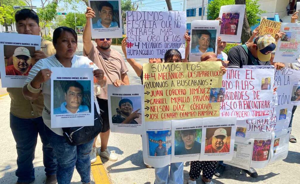 Se manifiestan por desaparición de 4 mecánicos en Huimanguillo, Tabasco (12/05/2025). Foto: Especial