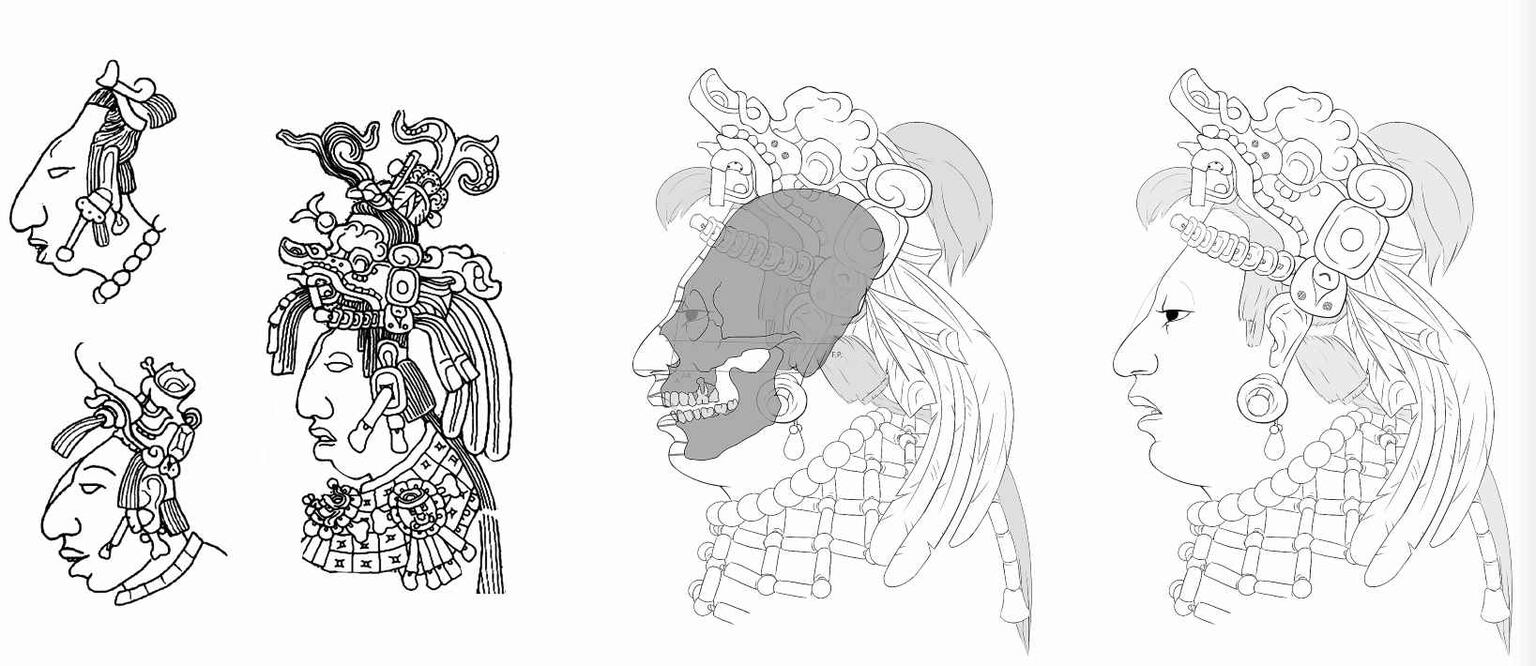Reconstrucción facial de Ix Tz'akab Ajaw,  a partir de tres retratos y el cráneo de la Reina Roja. Concepción artística y render de Vera Tiesler y Hemmamuthé Goudiaby (2024)./ Cortesía de los autores Vera Tiesler y Hemmamuthé Goudiaby