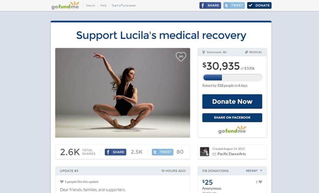 El impacto con el vehículo le provocó numerosas fracturas y una grave lesión cerebral que obligó a su hospitalización en estado crítico en el Hospital Lions Gate de Vancouver. FOTO: Gofundme.com