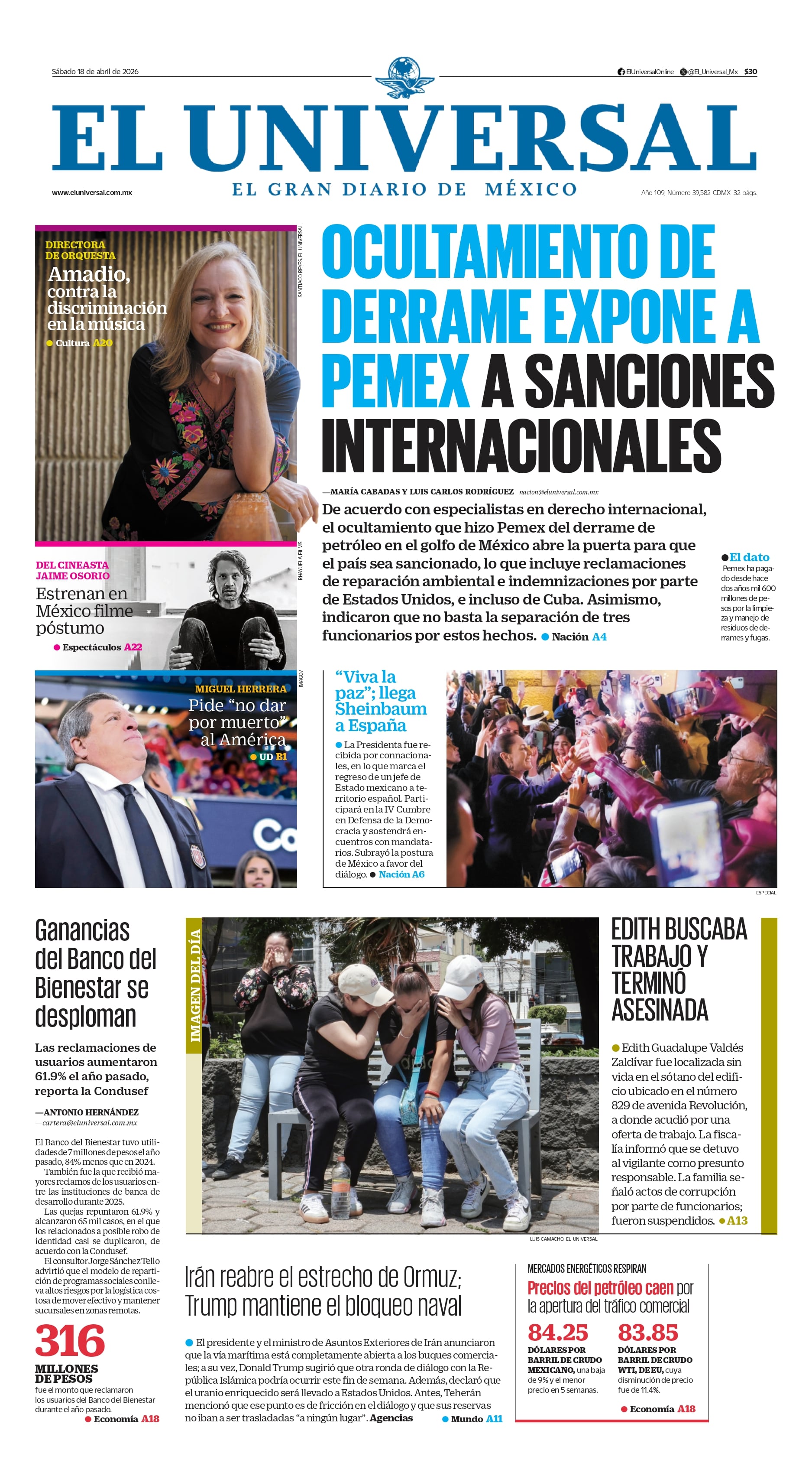 Portada impresa del 18 de abril de 2026