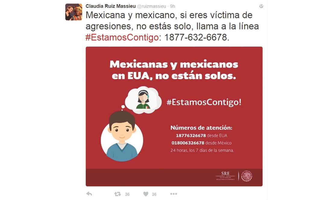 A través de su cuenta de Twitter, la titular de la SRE difundió un anuncio sobre el fortalecimiento de las acciones de protección a los mexicanos en EU. FOTO: SRE