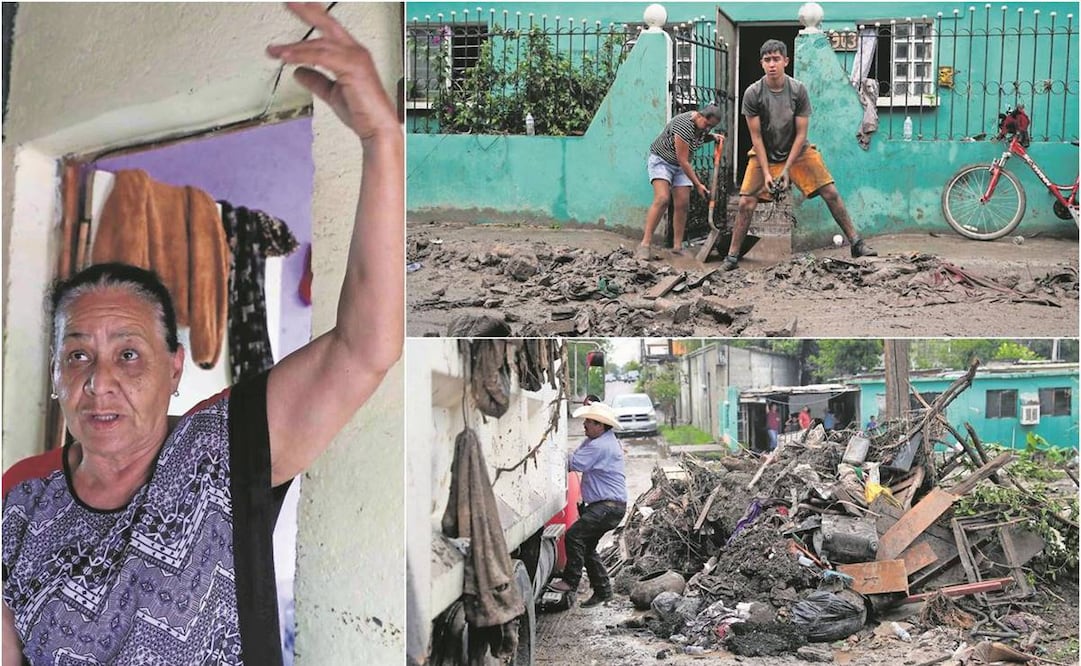 Virginia López (arriba izq.) y habitantes de la colonia Morelos, limpian y rescatan sus bienes del lodo. Foto: Diego Simón/EL UNIVERSAL