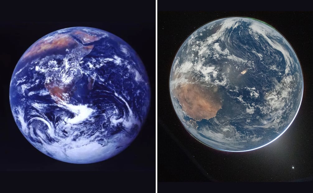 La primera imagen muestra la fotografía capturada durante la misión Apolo 17, mientras que la segunda es la foto tomada por los astronautas de Artemis II. Foto: NASA