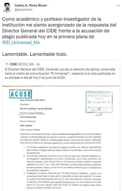 Comunidad del CIDE, avergonzada e indignada por plagio de su director, Romero Tellaeche