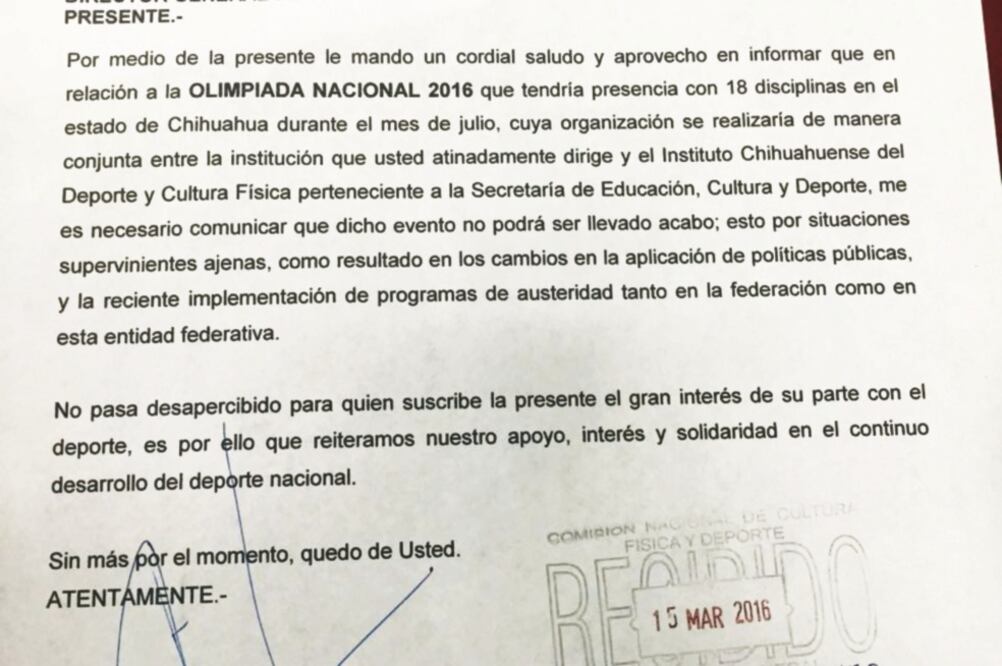 Carta de Ricardo Yáñez, enviada a Alfredo Castillo de Conade (TWITTER)