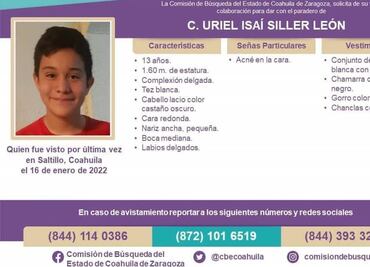 Buscan a Uriel Isaí de 13 años desaparecido en Saltillo, Coahuila