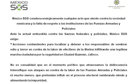 México SOS condena ataque a marinos en Jalisco