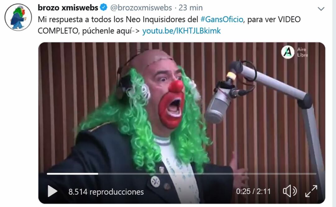 Brozo, captura de pantalla de su mensaje en Twitter