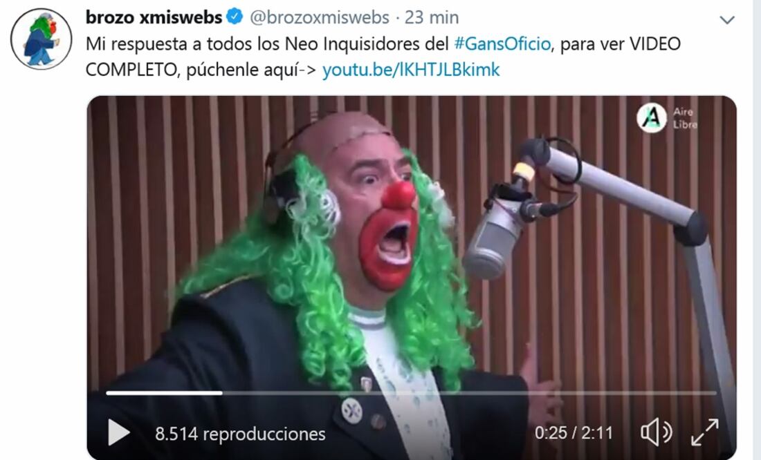 Brozo, captura de pantalla de su mensaje en Twitter