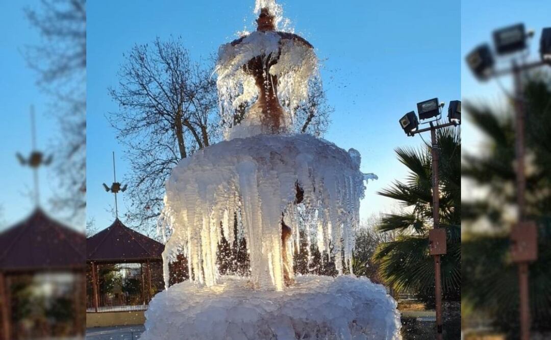 Foto: Especial. La fuente del bulevar Lázaro Gutiérrez de Lara es una muestra de las temperaturas congelantes que se registran en la sierra alta y norte de Sonora