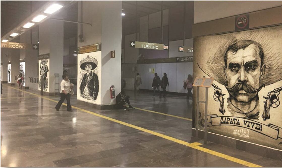 Así lucirá el andador de la estación Zapata, ahí se colocarán 31 caricaturas a gran escala del líder revolucionario Emiliano Zapata, de autores como Naranjo, Helioflores, Kemchs, Luis Carreño, caricaturistas de esta casa editorial, entre otros. (CORTESÍA)