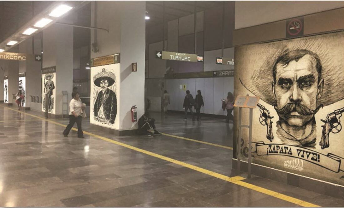 Así lucirá el andador de la estación Zapata, ahí se colocarán 31 caricaturas a gran escala del líder revolucionario Emiliano Zapata, de autores como Naranjo, Helioflores, Kemchs, Luis Carreño, caricaturistas de esta casa editorial, entre otros. (CORTESÍA)