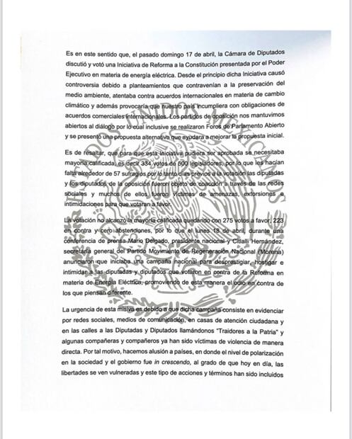Legisladores de Va por México denuncian a Morena ante la ONU por campaña de "traidores a la patria"