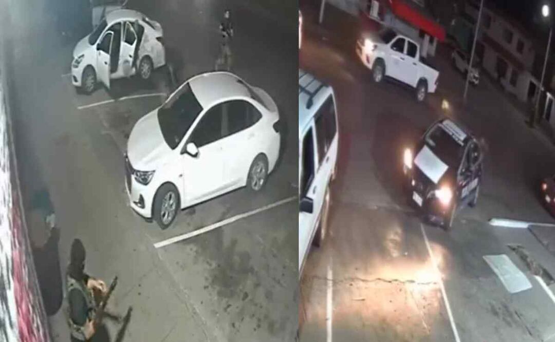 Del auto blanco bajaron cinco sujetos con equipos tácticos y armados con fusiles largos Foto: Especial