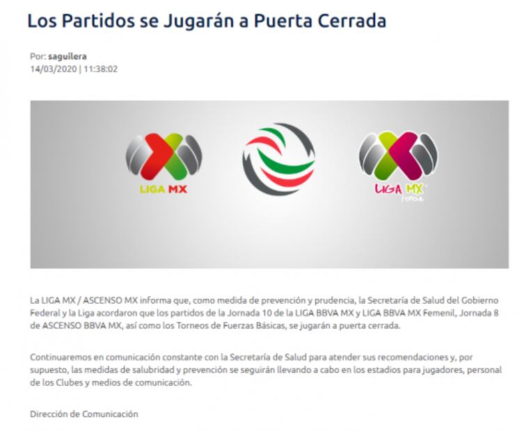 Por Coronavirus, resto de la Jornada 10 se jugará a puerta cerrada 