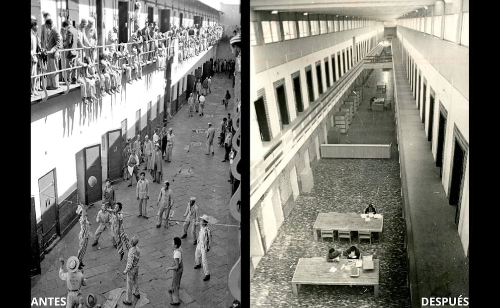 A la izquierda se ve un día regular en la cárcel de Lecumberri, durante un momento de recreación de los reclusos. Esas mismas crujías se adapataron como salas de consulta cuando el palacio quedó a cargo del AGN. Archivo EL UNIVERSAL.