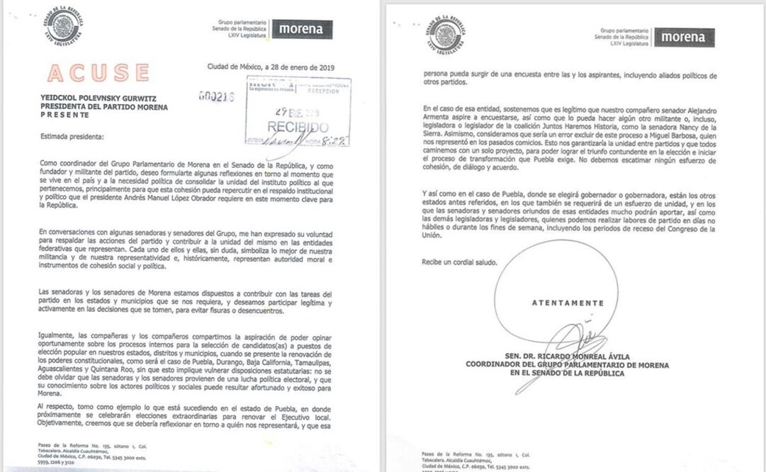 Carta que Ricardo Monreal envío a Yeidckol Polevnsky para pedir definir al candidato de Puebla en la elección extraordinaria, por medio de una encuesta