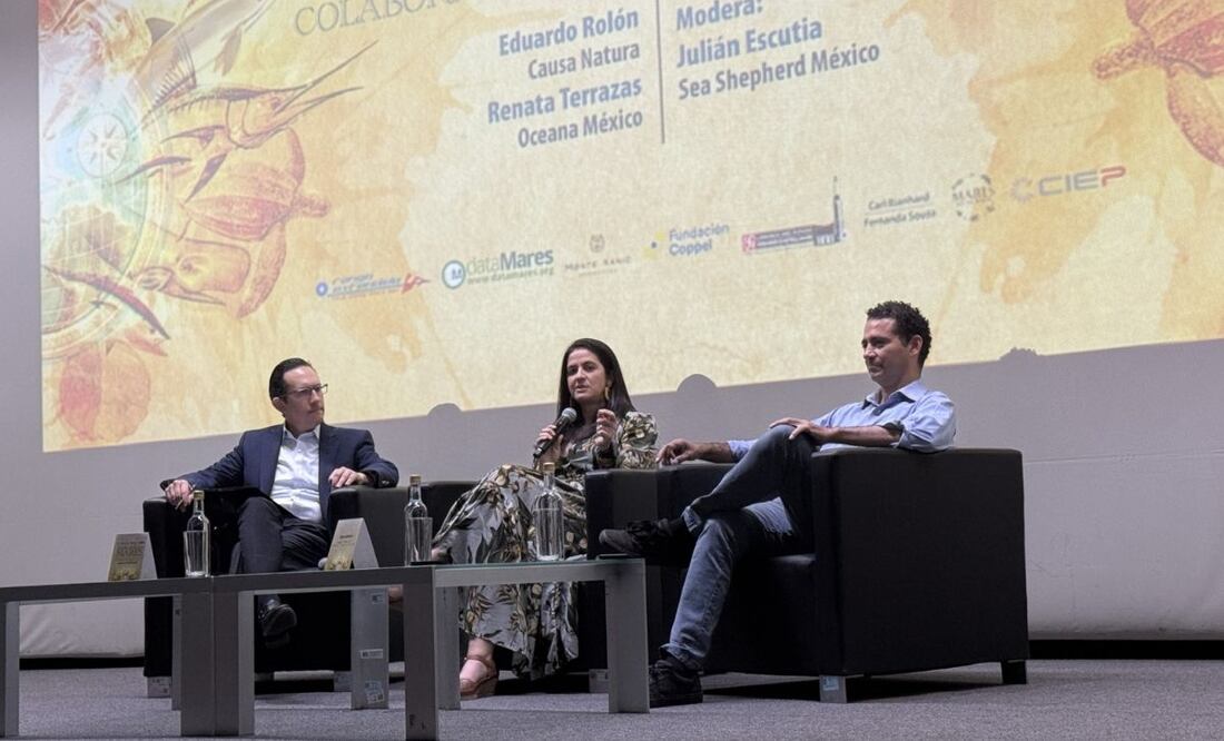 Panel durante el evento Un día por los mares. Participaron: Renata Terrazas de Oceana; Eduardo Rolón de Causa Natura y moderó Julián Escutia de Sea Shepherd México. | Foto: Cortesía.