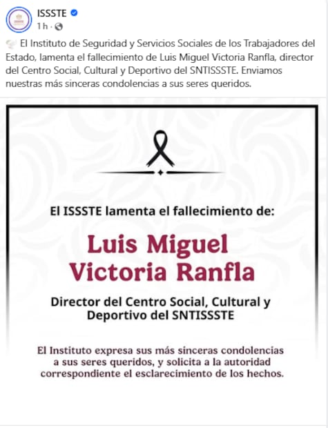 ISSTE lamenta el fallecimiento de Luis Miguel Victoria Ranfla. 12 de marzo de 2026. Foto: Captura
