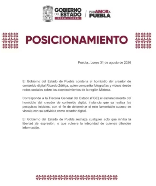 Gobierno de Puebla se pronuncia ante el asesintado del creador de contenido Ricardo Zúñiga. Foto: Especial