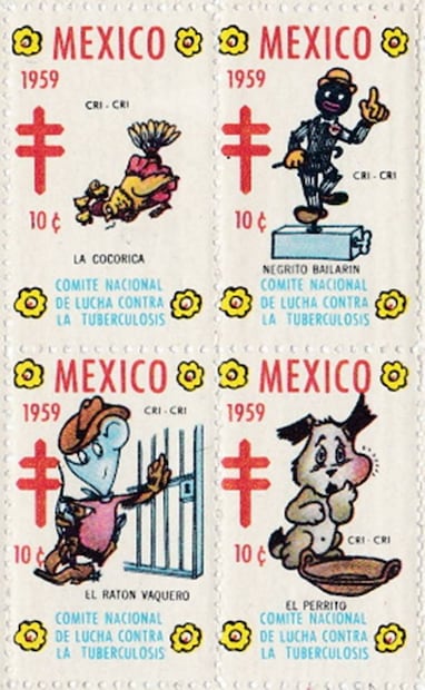Estampillas de 1959 sobre “Cri Cri”. En 1957, EL UNIVERSAL informó que “la impresión, dibujo y planeación de timbres antituberculosos no incluye sugestiones deprimentes, sólo motivos alegres que los hagan útiles para adorno de tarjetas de Navidad o regalos”. Foto: ESPECIAL/Tomado de John Denune's ChristmasSeals.net.
