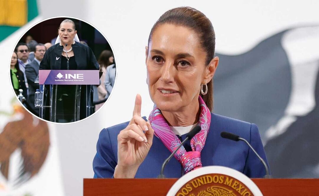 Claudia Sheinbaum, presidenta de México, durante la mañanera del 2 de junio del 2025 en Palacio Nacional. En el círculo: Guadalupe Taddei, titular del INE. Fotos: Diego Simón y Fernanda Rojas / EL UNIVERSAL